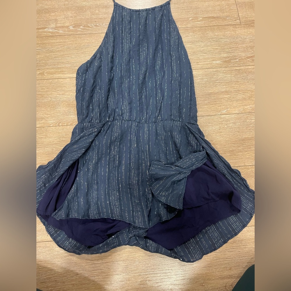 Anthropologie Dainty Hooligan Romper
 exposed back. Sky Nigh Blue Silver Medium